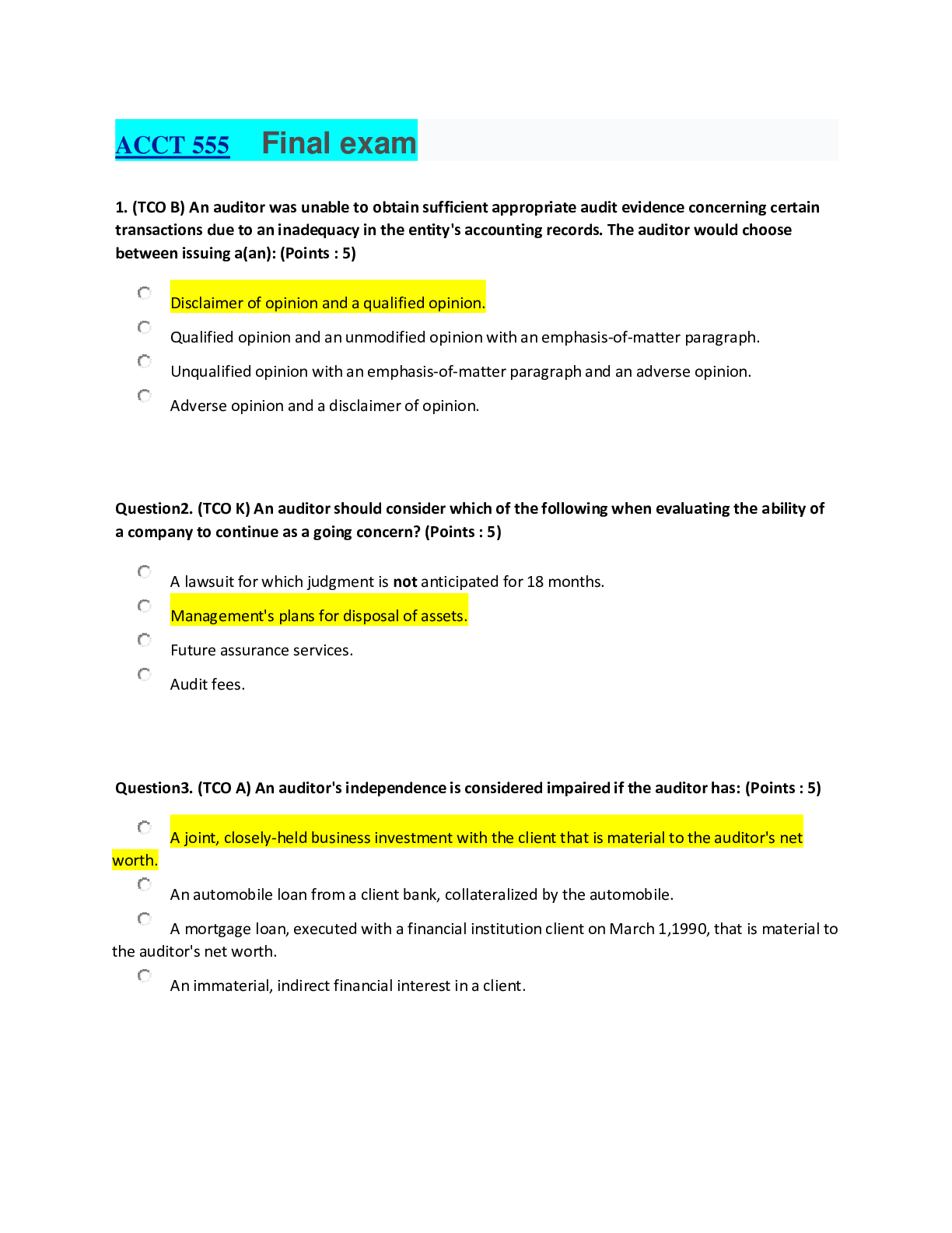 .ACCT 555 Final exam Browsegrades
